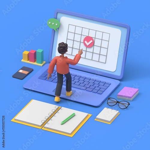 3D illustration of smiling african american woman Coco Planing and Putting Check Mark on Laptop Screen. Office Desk with Planners, Organizers, Notebooks. Planning, Personal Organizer and Time Manageme photo