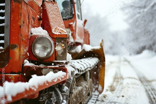A snow plow driving down a snow-covered road. This image can be used to illustrate winter road maintenance or the challenges of driving in snowy conditions