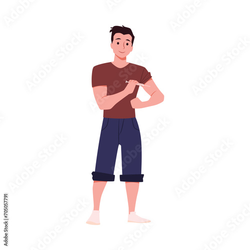 Young man apply self injection in arm isolated vector illustration. © sabelskaya