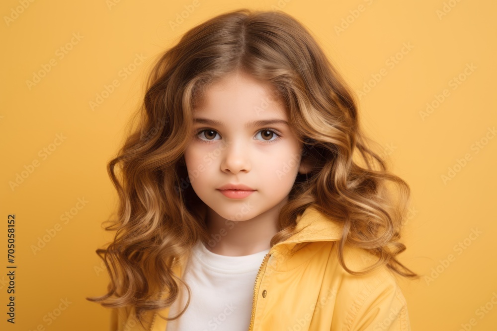 beautiful little girl in yellow raincoat looking at camera on yellow background beautiful little girl in yellow raincoat looking at camera on yellow background