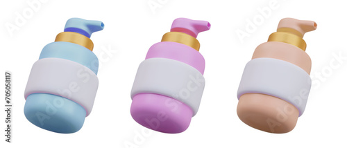 Collection with blue, pink, and beige colors bottle with dispenser. Body beauty care, personal hygiene. Vector illustration in 3d style on white background