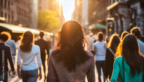 Young woman walking among anonymous crowd of people in the city. Concept of city life style. © masterofmoments