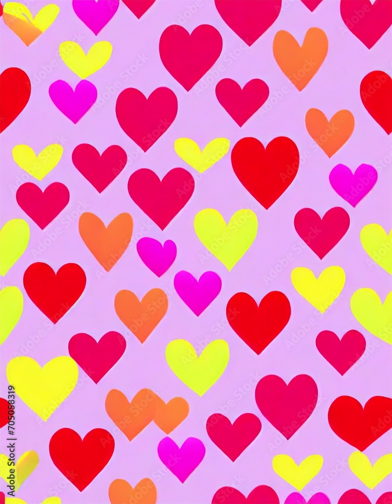 illustrated pink red orange and yellow hearts on pink background, graphic resource for valentines day