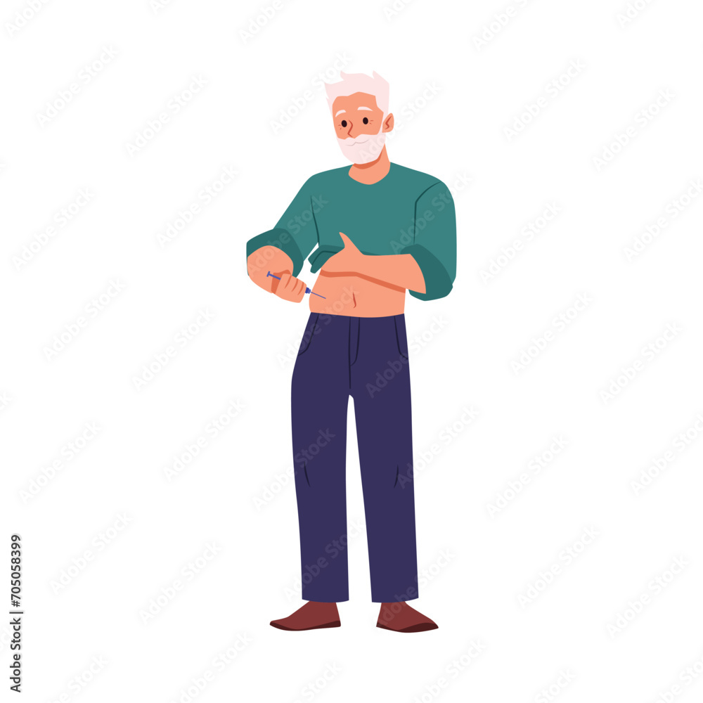 Adult bearded man making self injection in stomach flat style Adult bearded man making self injection in stomach flat style
