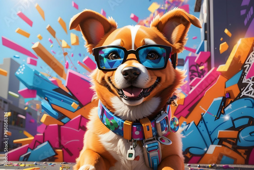 Cheerful dog in fashionable glasses against the background of a bright graffiti explosion. Generative AI.