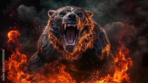 A fictional raging bear, burning and standing in fire on dark background - bear market stock market theme