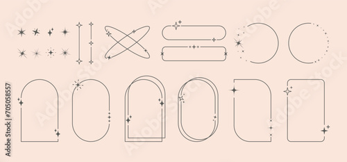 Modern minimalist aesthetic line elements set. Linear geometric frames with stars. 