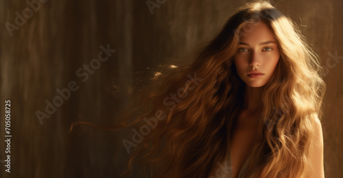 portrait of a caucasian woman/model with long blonde red hair in a healthy hair care beauty editorial advertisement magazine style film look for hair salon treatment with natural light and copy space