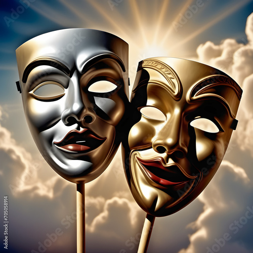 Silver and gold theatrical masks against  background of blue sky with clouds and sun rays