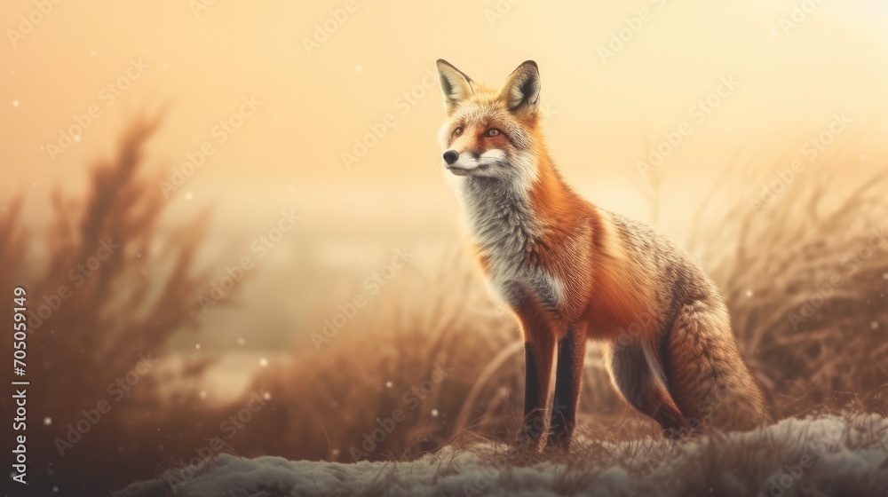 Beautiful fluffy fox in the snow winter background. Wild red fox in the wild in winter. Wild fox poster, print for stationery, fabric, paper, 3D wallpaper. Generative ai Beautiful fluffy fox in the snow winter background. Wild red fox in the wild in winter. Wild fox poster, print for stationery, fabric, paper, 3D wallpaper. Generative ai