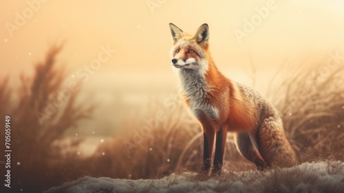 Beautiful fluffy fox in the snow winter background. Wild red fox in the wild in winter. Wild fox poster, print for stationery, fabric, paper, 3D wallpaper. Generative ai 