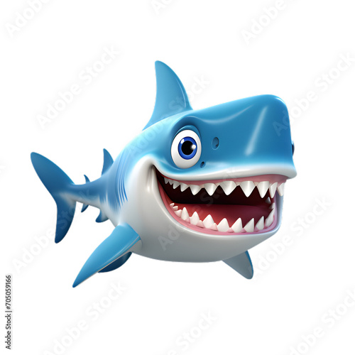 3d cartoon shark isolated on white and transparent background