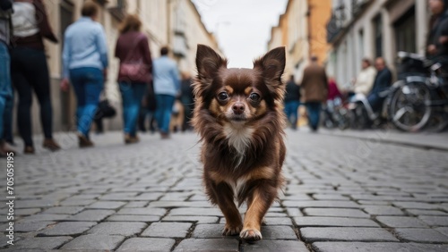 Chocolate long coat chihuahua dog walking on the street