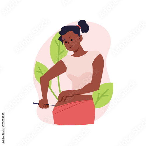 Young black woman do self injection vector illustration.