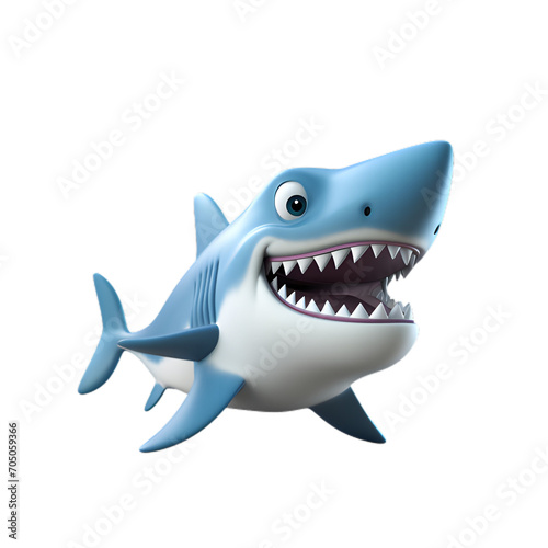 3d cartoon shark isolated on white and transparent background