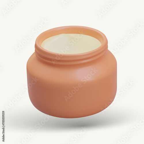 Big orange jar full of cream inside. Realistic bottle with cosmetic product for skincare. Skin care makeup product pack. Vector illustration in 3d style