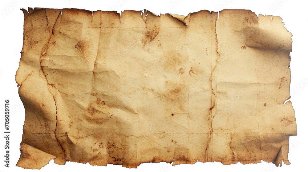 An aged, wrinkled piece of paper with torn edges on a transparent background.