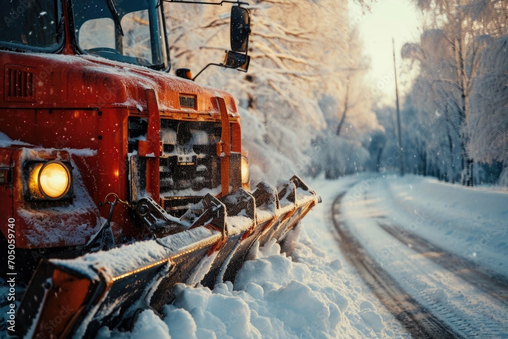 A snow plow parked on a snowy road. Can be used for winter road maintenance or snow removal concepts