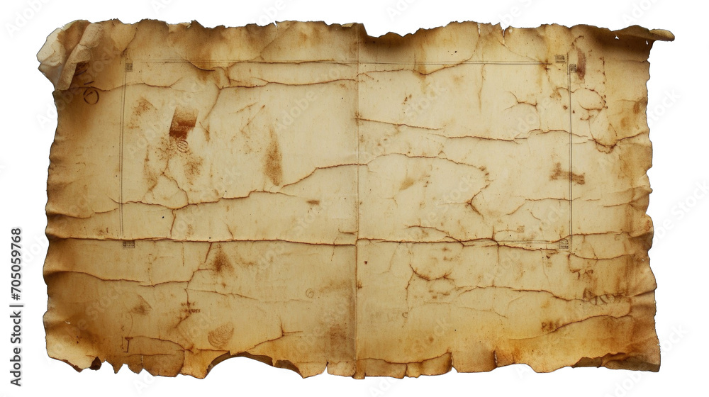 An aged, wrinkled piece of paper with torn edges on a transparent background.