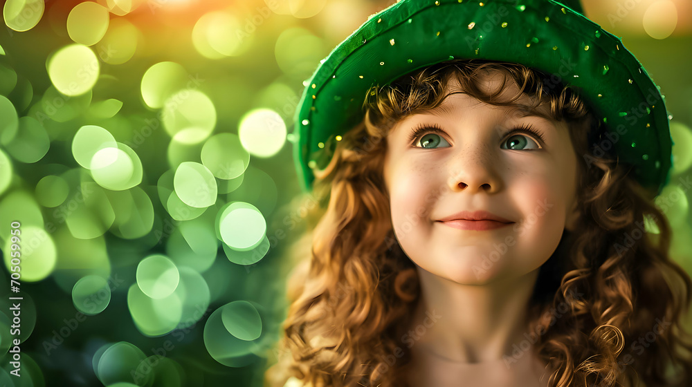 Beautiful curly girl in green hat. Happy St Patrick Day concept.