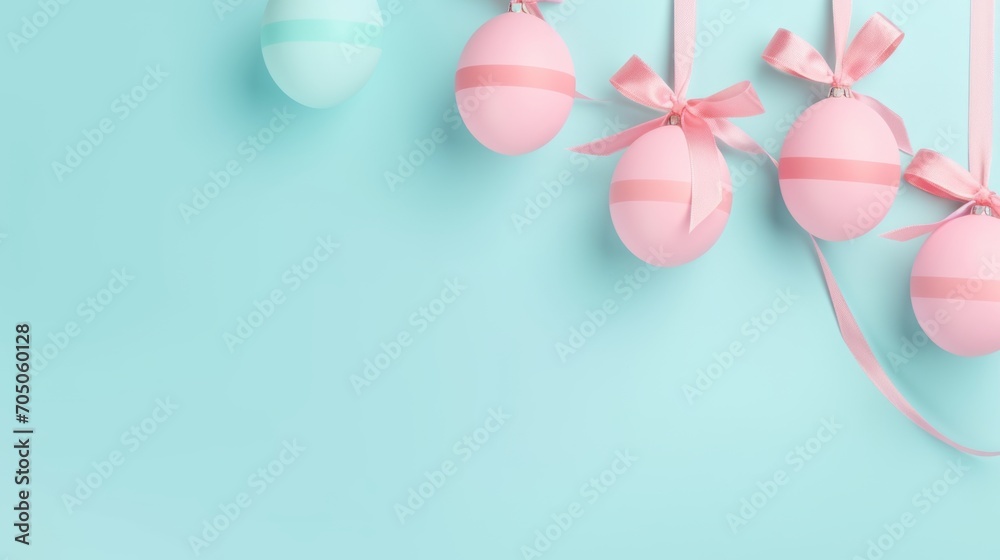 Easter delight: pastel pink eggs on spring blossom branch, vibrant turquoise background, copy space for greeting or invitation Easter delight: pastel pink eggs on spring blossom branch, vibrant turquoise background, copy space for greeting or invitation