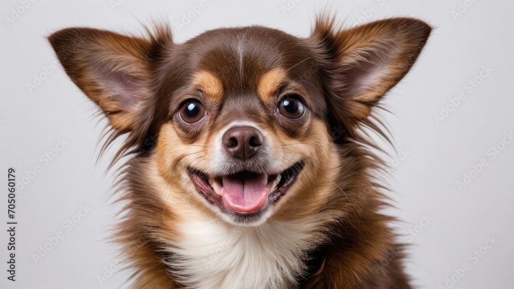 Portrait of Chocolate long coat chihuahua dog on grey background