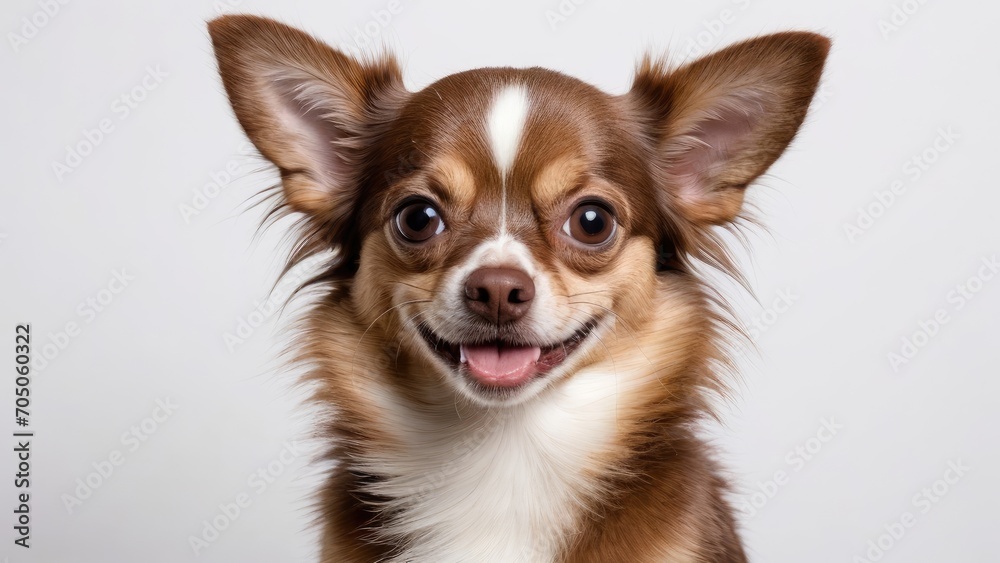 Portrait of Chocolate long coat chihuahua dog on grey background