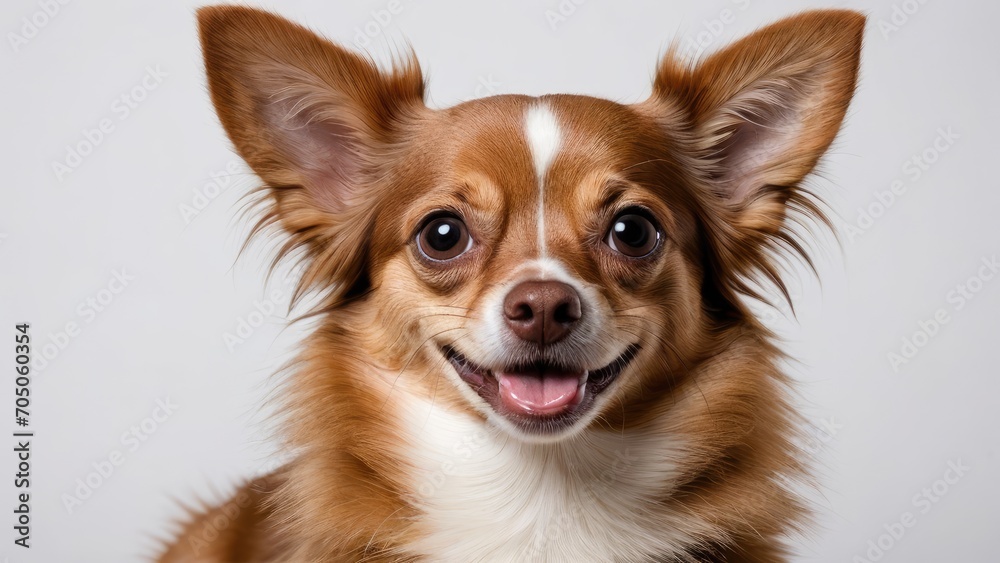 Portrait of Chocolate long coat chihuahua dog on grey background