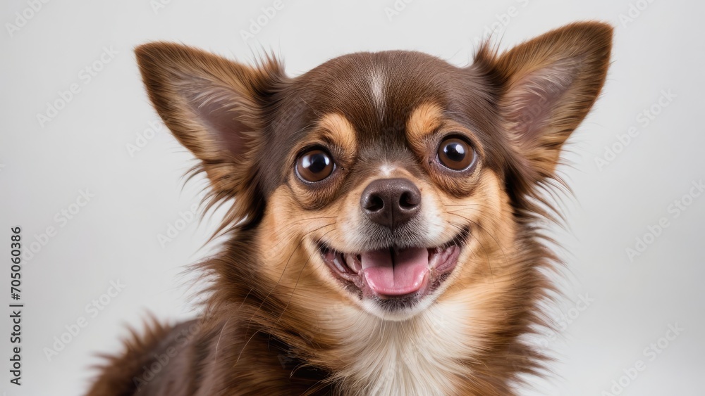 Portrait of Chocolate long coat chihuahua dog on grey background