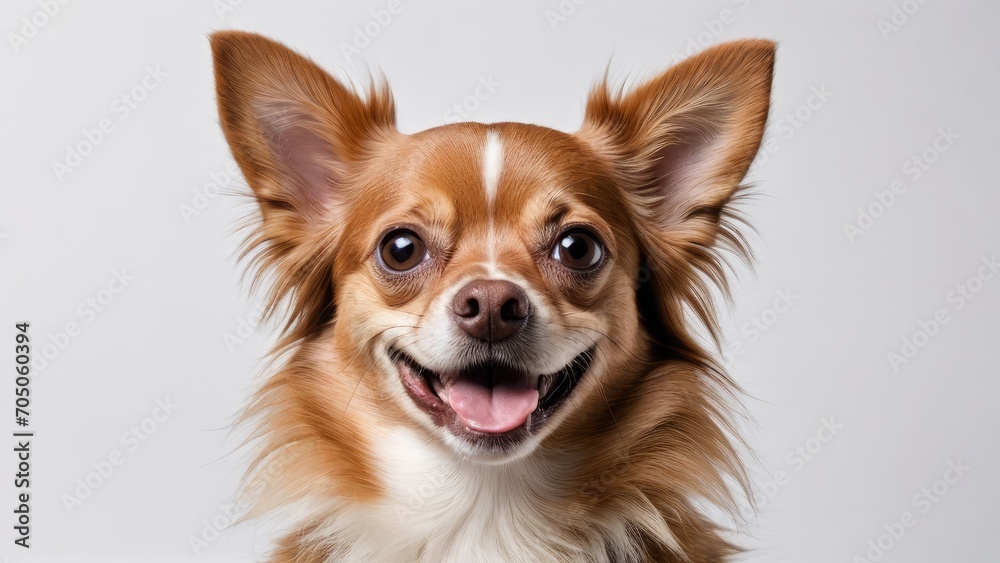 Portrait of Chocolate long coat chihuahua dog on grey background Portrait of Chocolate long coat chihuahua dog on grey background