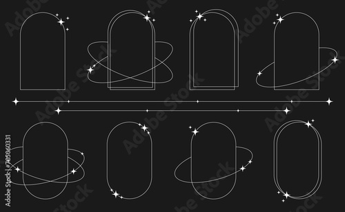 Set of white geometric aesthetic abstract line frames and shapes with stars boho, brutalism, Y2K style. Geometric elements with sparkles for template design social media, poster, banner, logo, sticker