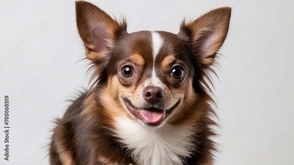 Portrait of Chocolate long coat chihuahua dog on grey background Portrait of Chocolate long coat chihuahua dog on grey background