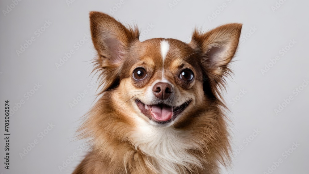 Portrait of Chocolate long coat chihuahua dog on grey background