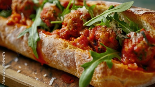 A delicious meatball sub sandwich on a rustic wooden cutting board. Perfect for food blogs, restaurant menus, and sandwich shop promotions