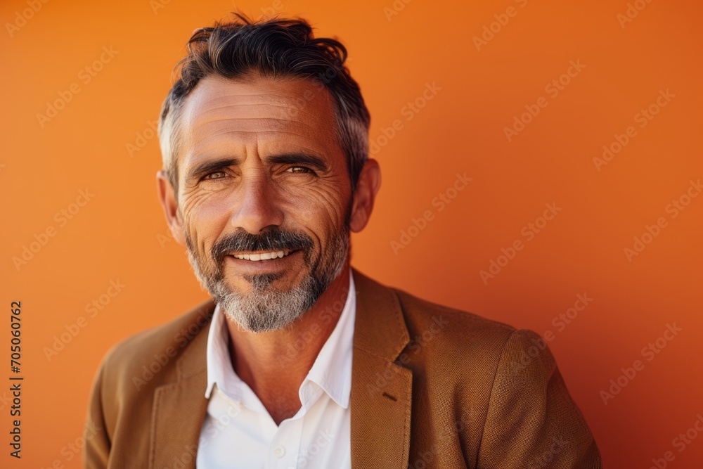 Handsome mature man looking at camera and smiling while standing against orange background Handsome mature man looking at camera and smiling while standing against orange background