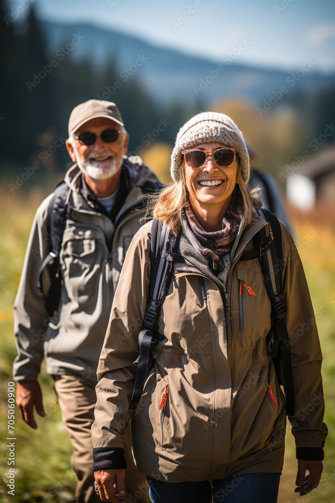Senior and middle age hikers enjoying in nature.