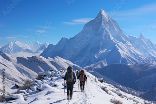Beautiful winter landscape scenery with climbers hikers enjoying the view.
