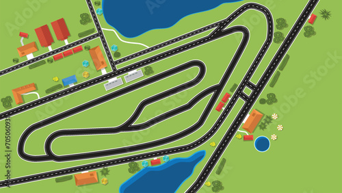top view flat background of location racing track circuit with road and building nearby