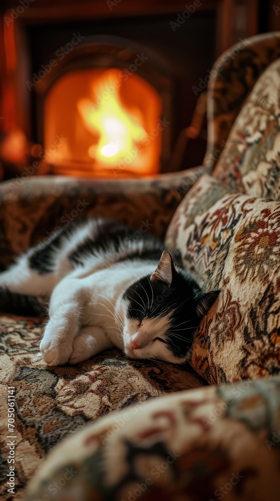 Black and White Cat Resting Next to Fireplace on Couch
