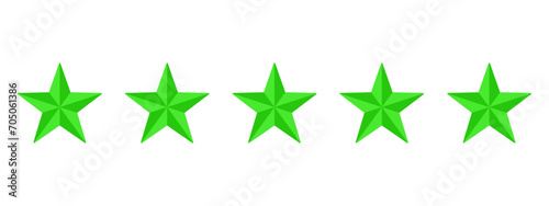 Five green stars for rating or reviewing in applications or websites – Simple green 3D stars isolated on a transparent background