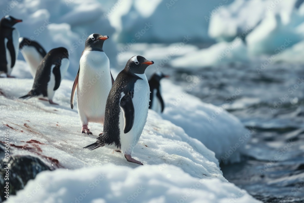 Fototapeta premium Penguins standing together on a snowy ground. Suitable for nature and wildlife themes