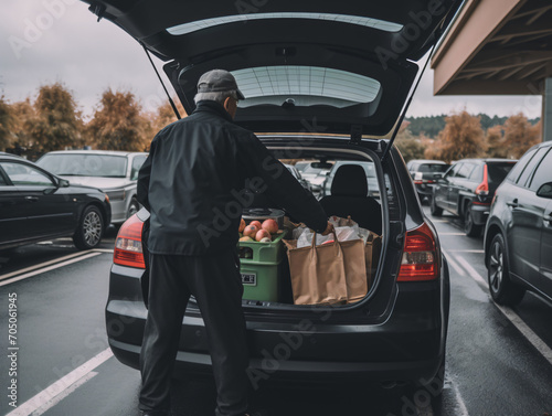 A person loading groceries into the trunk of a car in the Parkinglot