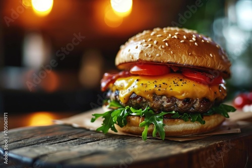 A delicious cheeseburger with fresh lettuce and juicy tomato served on a rustic wooden board. Perfect for food blogs, restaurant menus, and advertisements photo