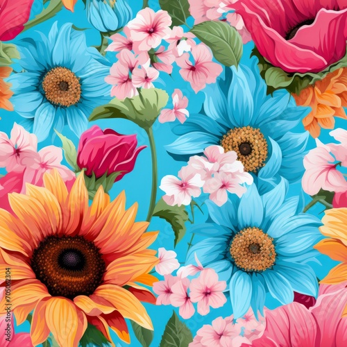 Vibrant sunflowers in a balanced seamless pattern  creating a lively and cheerful design