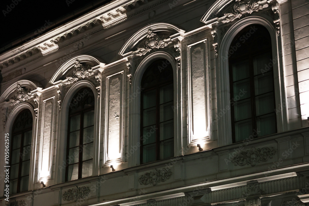 Beautifully lit buildings in Bucharest, Romania at night. Architectural light.