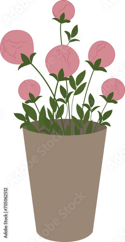 Vector illustration of blooming peonies bouquet in grey vase