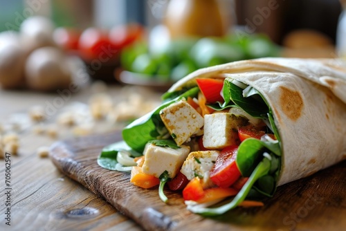 A delicious tortilla made with tofu and fresh vegetables, ready to be enjoyed. Perfect for a healthy and satisfying meal. Ideal for recipes, cooking blogs, and vegetarian or vegan lifestyle content photo