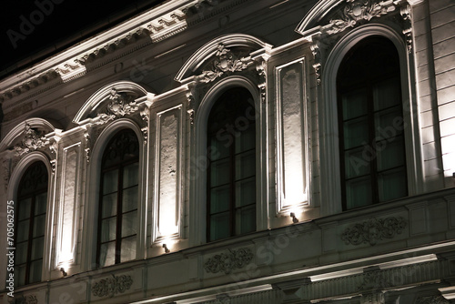 Beautifully lit buildings in Bucharest  Romania at night. Architectural light.