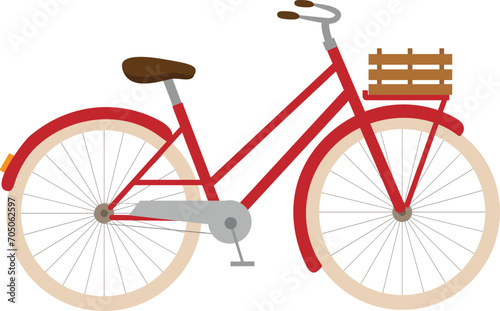 Vector illustration of red retro bicycle with wooden box in cartoon style