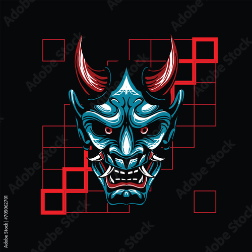 Illustration of hannya mask  from japanese  with geometry background drawing vector fit for clothing (ID: 705062701)